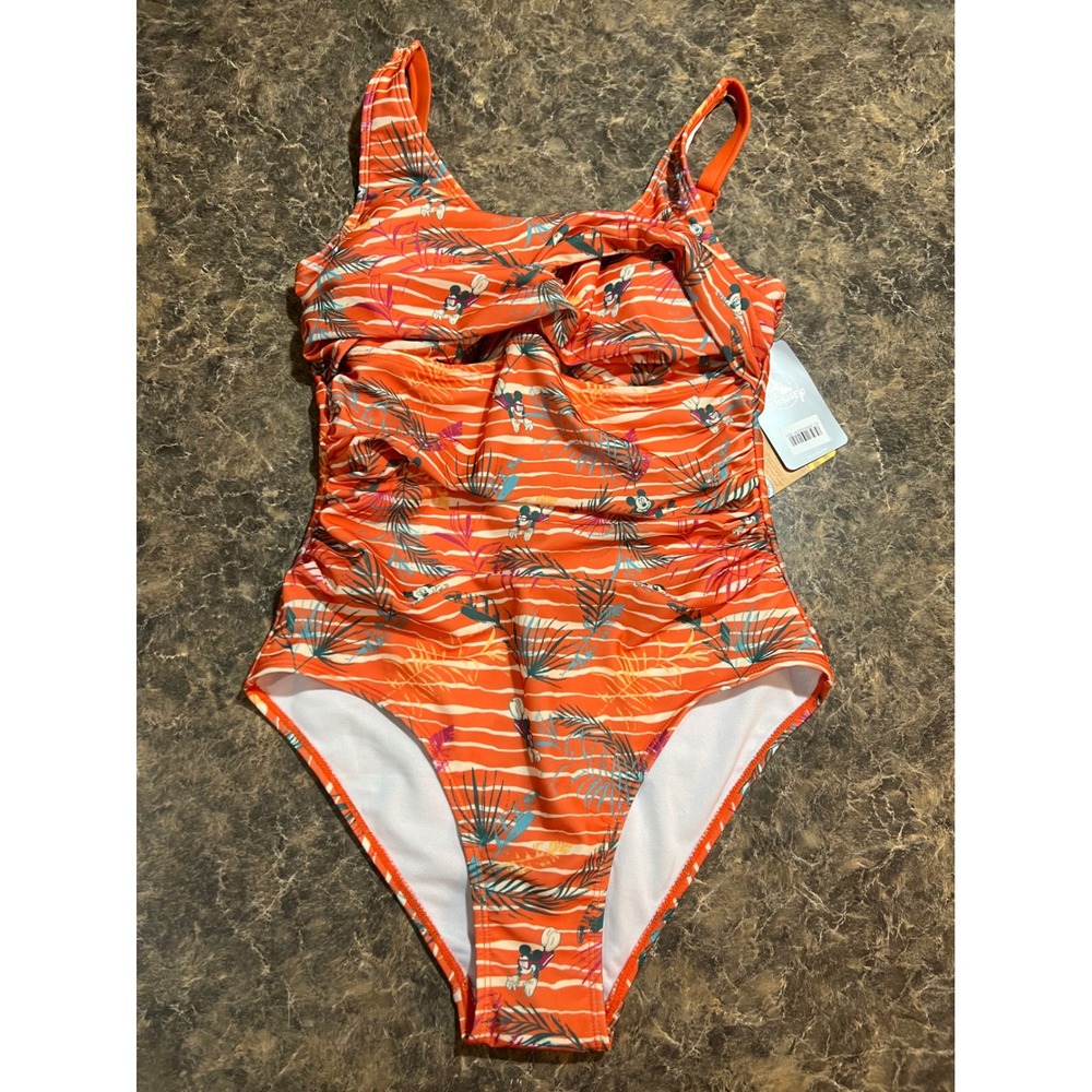 Disney Mickey Mouse Resort One Piece Swimsuit Orange Tropical Ruched UPF 50+ S